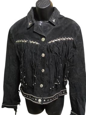 Vintage Cripple Creek Suede Leather Fringe Jacket Studded Western Black L